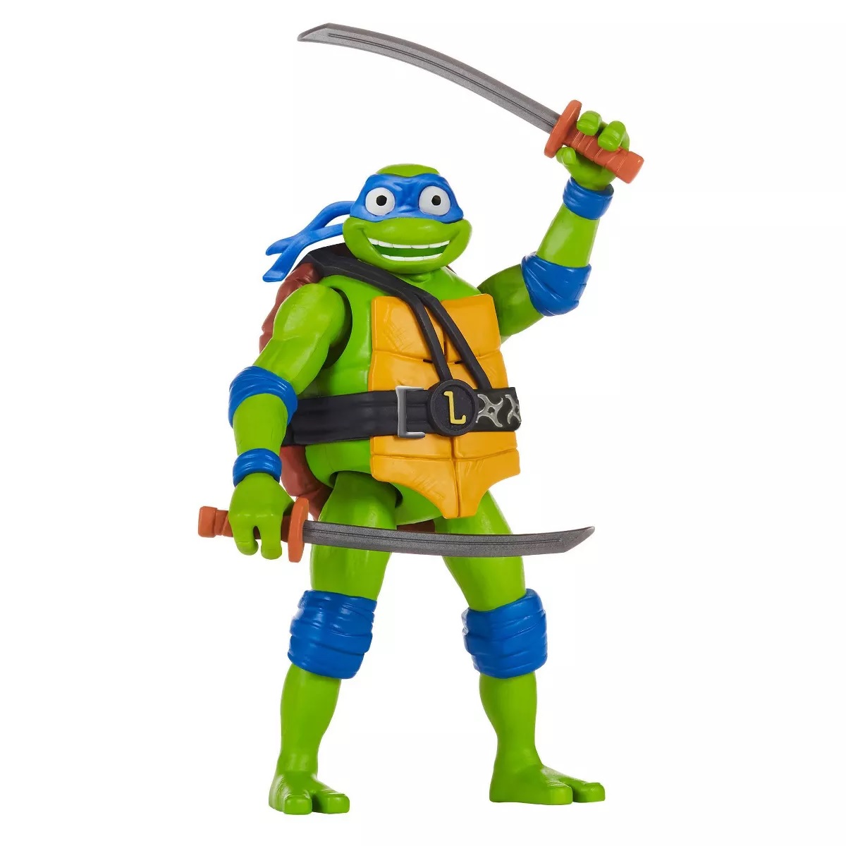 A toy action figure of Leonardo from the Teenage Mutant Ninja Turtles, equipped with a blue mask and wielding katanas.