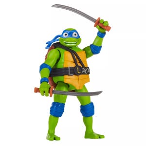 A toy action figure of Leonardo from the Teenage Mutant Ninja Turtles, equipped with a blue mask and wielding katanas.