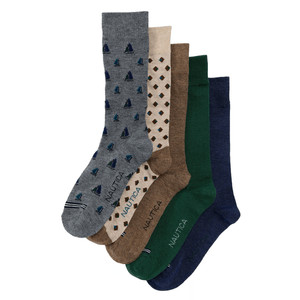 A set of five Nautica men's socks featuring various patterns and colors, including sailboat prints, diamond designs, and solid colors like green and blue.