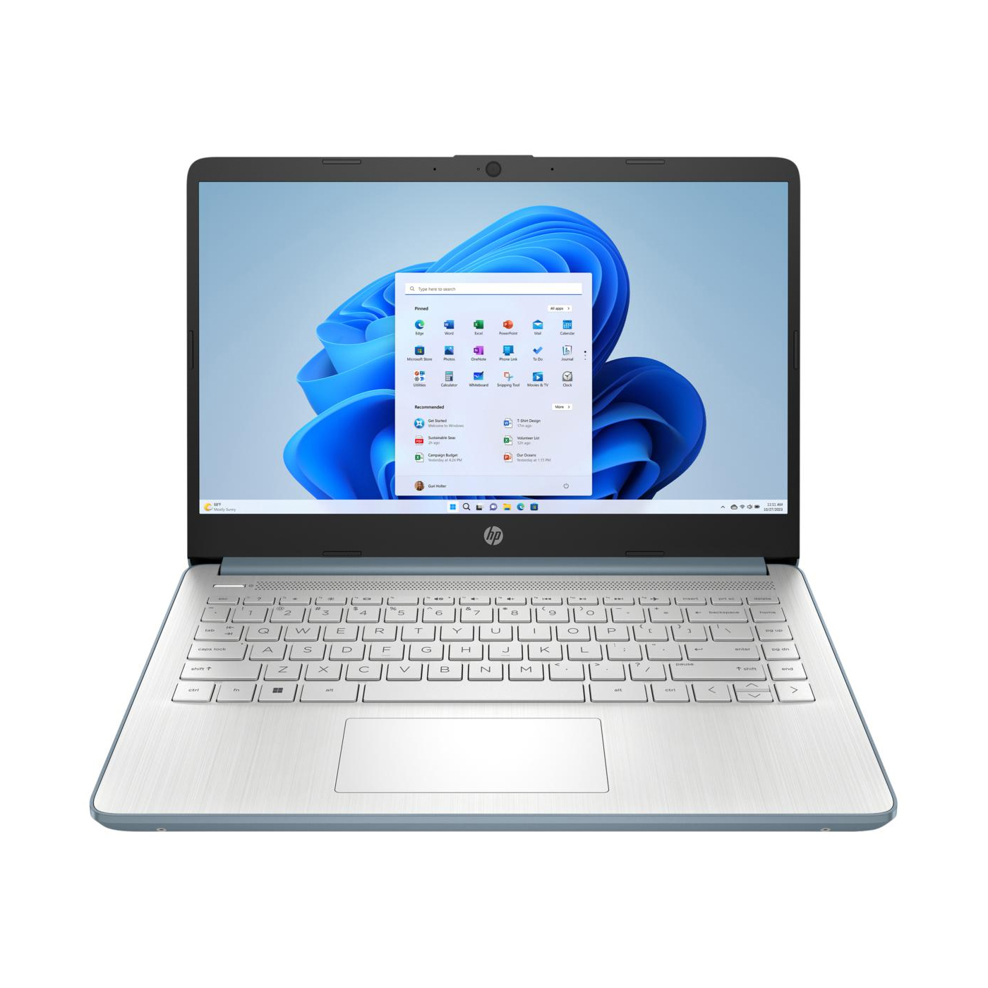 HP laptop featuring a Windows operating system, silver keyboard, and a display showing the Windows 11 start menu.
