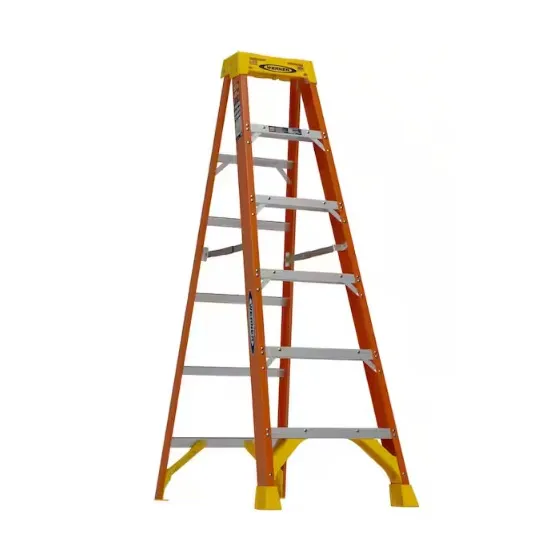A fiberglass step ladder with an orange frame and six steps, featuring a yellow top cap and sturdy design for stability during use.