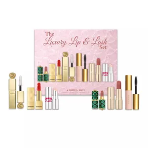 A set featuring luxury lipsticks and mascara, with brands like Burberry, Gucci, and others, displayed in elegant packaging. Created for Macy's, titled \“The Luxury Lip & Lash Set.\“