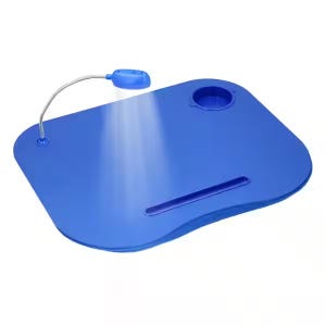 A blue plastic lap desk with a flexible lamp and cup holder.
