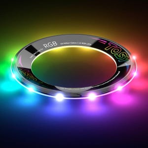 A circular RGB LED flying disc displaying vibrant multicolored lights around its perimeter, with \“TOSY\“ branding and features like \“Smart Led\“ and \“Auto On\“ mentioned.
