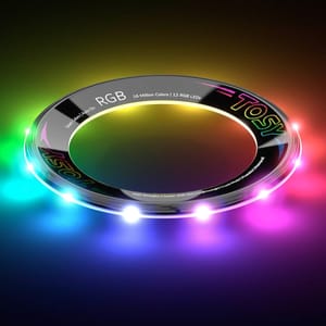 A circular RGB LED flying disc displaying vibrant multicolored lights around its perimeter, with \“TOSY\“ branding and features like \“Smart Led\“ and \“Auto On\“ mentioned.