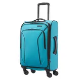 A turquoise suitcase with a telescopic handle and four multidirectional spinner wheels.