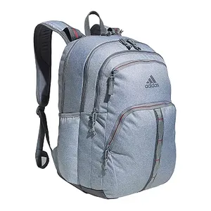 This is a gray Adidas laptop backpack featuring multiple compartments, red accents, padded shoulder straps, and the Adidas logo.