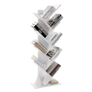 A modern, white, freestanding bookshelf with a unique zigzag design, holding various books on angled shelves.