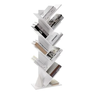 A modern, white, freestanding bookshelf with a unique zigzag design, holding various books on angled shelves.