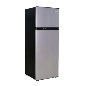 A silver and black, two-door refrigerator with a freezer compartment on top.