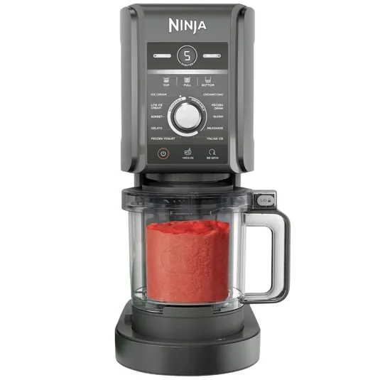 Ninja ice cream maker with various settings for ice cream, gelato, sorbet, milkshake, and more, featuring a digital timer and customizable texture controls.
