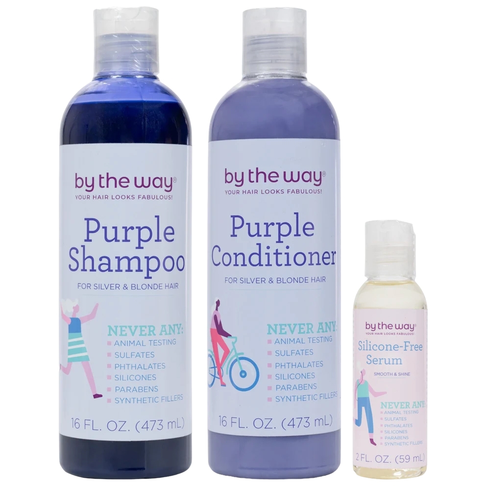 By the Way purple shampoo and conditioner are for silver and blonde hair, free from sulfates, phthalates, silicones, parabens, and synthetic fillers. Includes a silicone-free serum for smooth and shiny hair. Shampoo/Conditioner: 16 fl. oz each, Serum: 2 fl. oz.
