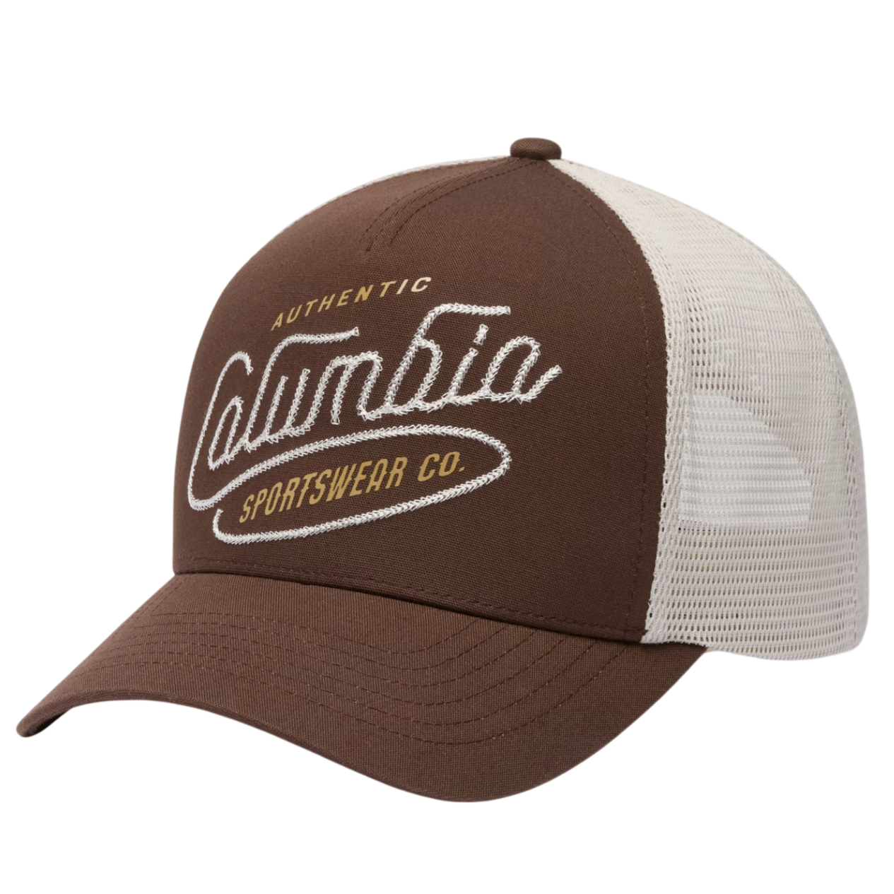 Brown and white trucker hat with mesh back, featuring \“Columbia Sportswear Co.\“ logo in white and mustard text.