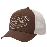 Brown and white trucker hat with mesh back, featuring \“Columbia Sportswear Co.\“ logo in white and mustard text.
