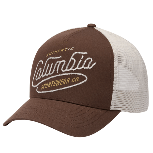 Brown and white trucker hat with mesh back, featuring \“Columbia Sportswear Co.\“ logo in white and mustard text.