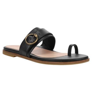 Black open-toe sandal with a toe loop and a wide strap featuring a decorative gold buckle. The sandal has a flat sole with a light brown underside.