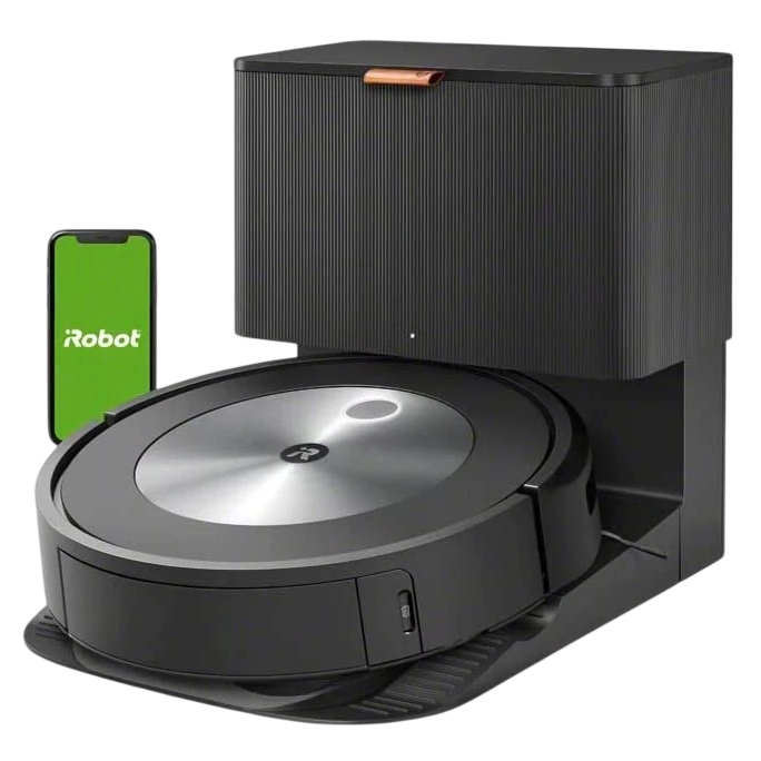 A iRobot robotic vacuum and mop rests on a docking station with an accompanying smartphone app visible, showcasing smart cleaning technology.