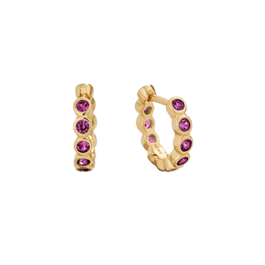 Gold hoop earrings with five pink gemstones set along the front, arranged in a decorative pattern.