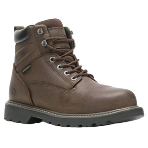 A brown leather work boot with a padded collar, metal eyelets, reinforced toe, and a rugged rubber sole designed for durability and comfort.