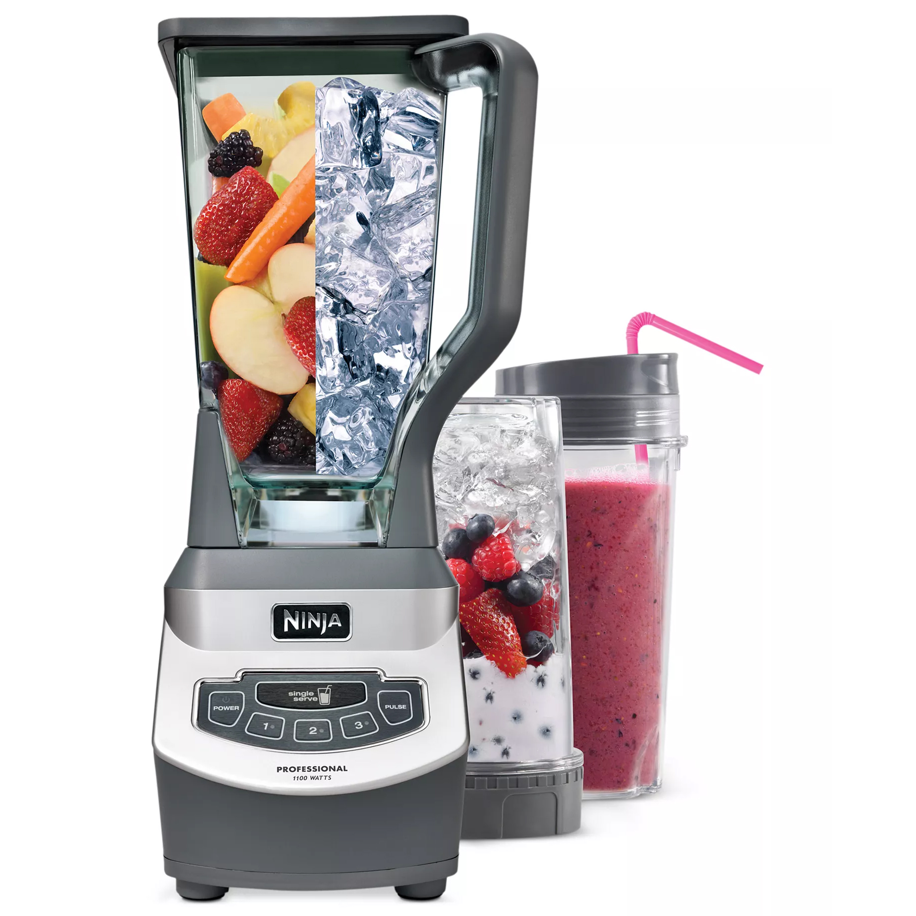 Ninja Professional Blender with ice and fruit in the pitcher, alongside a cup with a berry smoothie and a cup filled with ice and berries.
