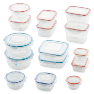 The 30-piece storage container set includes various round and square clear plastic containers with snap-lock lids in red, blue, and orange. The set offers multiple sizes for versatile food storage.