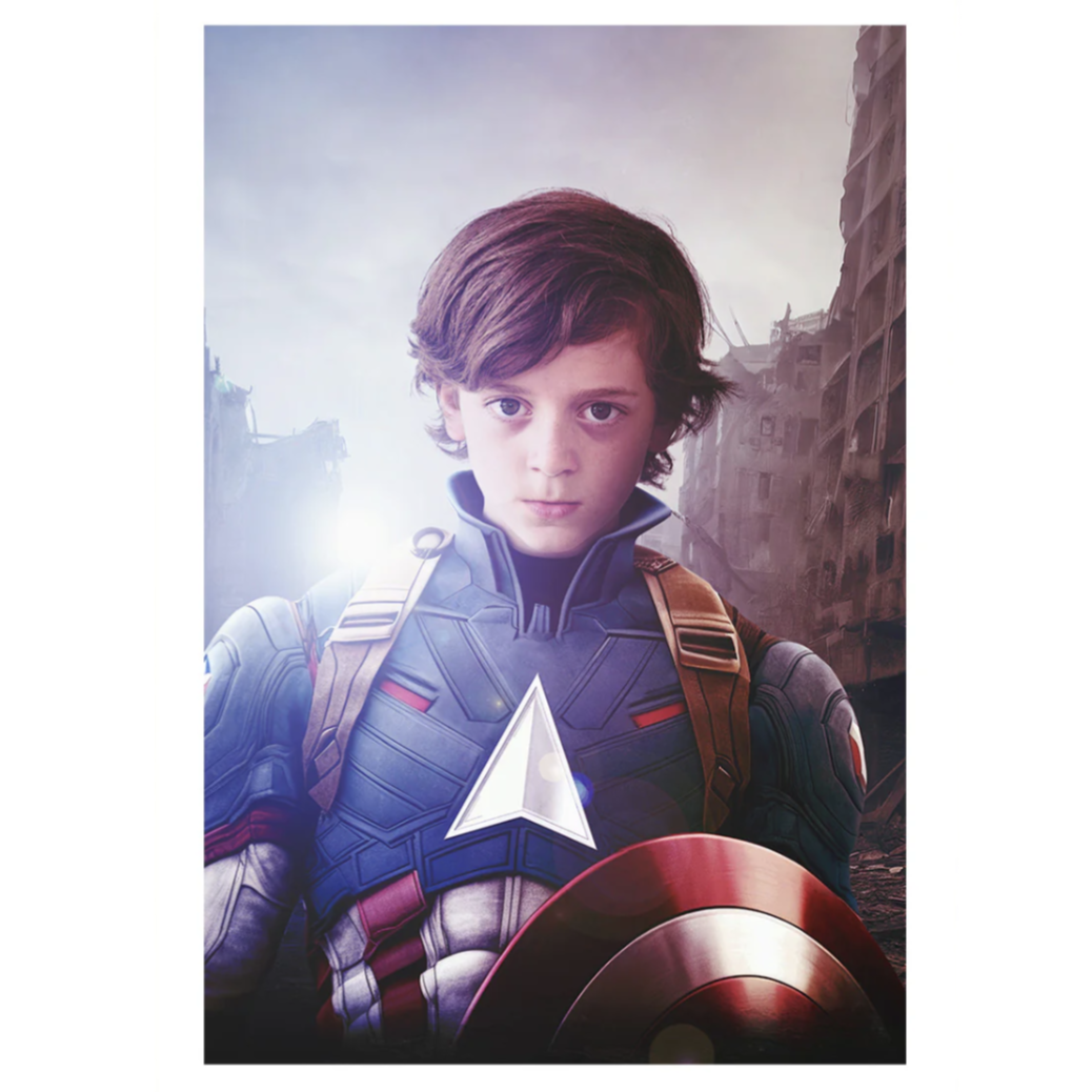 A young boy is dressed in a superhero costume resembling Captain America, complete with a shield, set against a dramatic backdrop of a destroyed city.