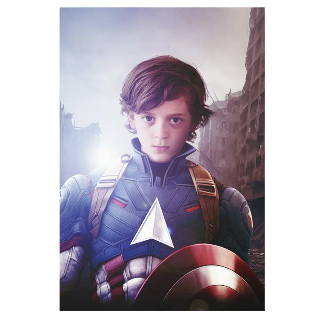 A young boy is dressed in a superhero costume resembling Captain America, complete with a shield, set against a dramatic backdrop of a destroyed city.