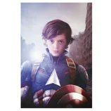 A young boy is dressed in a superhero costume resembling Captain America, complete with a shield, set against a dramatic backdrop of a destroyed city.
