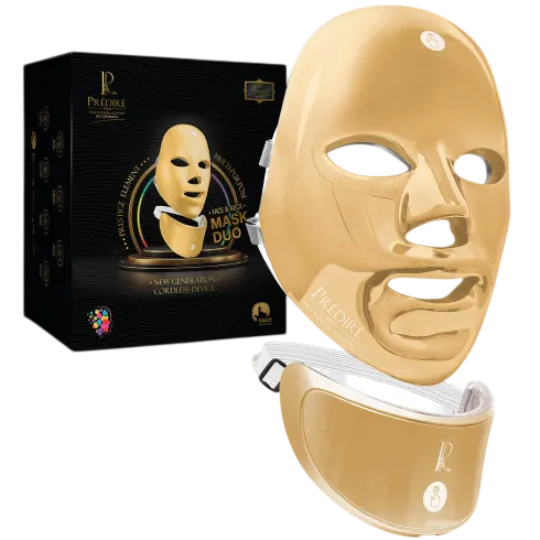 LED facial mask duo set featuring a large full-face and a smaller targeted mask, both gold-colored, designed for skincare treatments. Comes in a black and gold branded box.