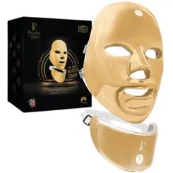LED facial mask duo set featuring a large full-face and a smaller targeted mask, both gold-colored, designed for skincare treatments. Comes in a black and gold branded box.