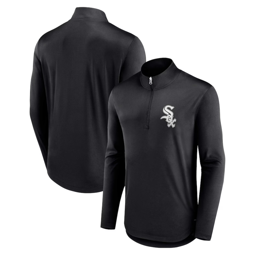 Black quarter-zip pullover featuring the Chicago White Sox logo on the chest, shown from the front and back.
