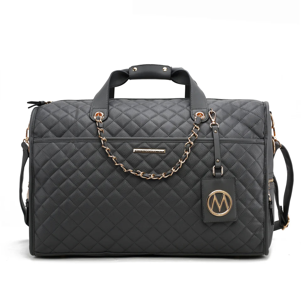 A black quilted leather duffle bag features a gold chain handle, shoulder straps, and a luggage tag with a circular logo.