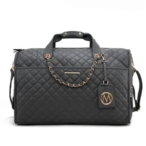 A black quilted leather duffle bag features a gold chain handle, shoulder straps, and a luggage tag with a circular logo.