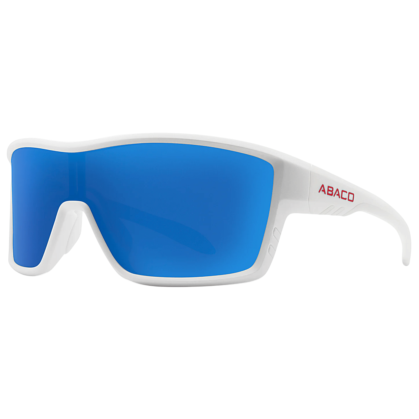 White sports sunglasses with blue mirrored lenses and \“ABACO\“ branding on the side.