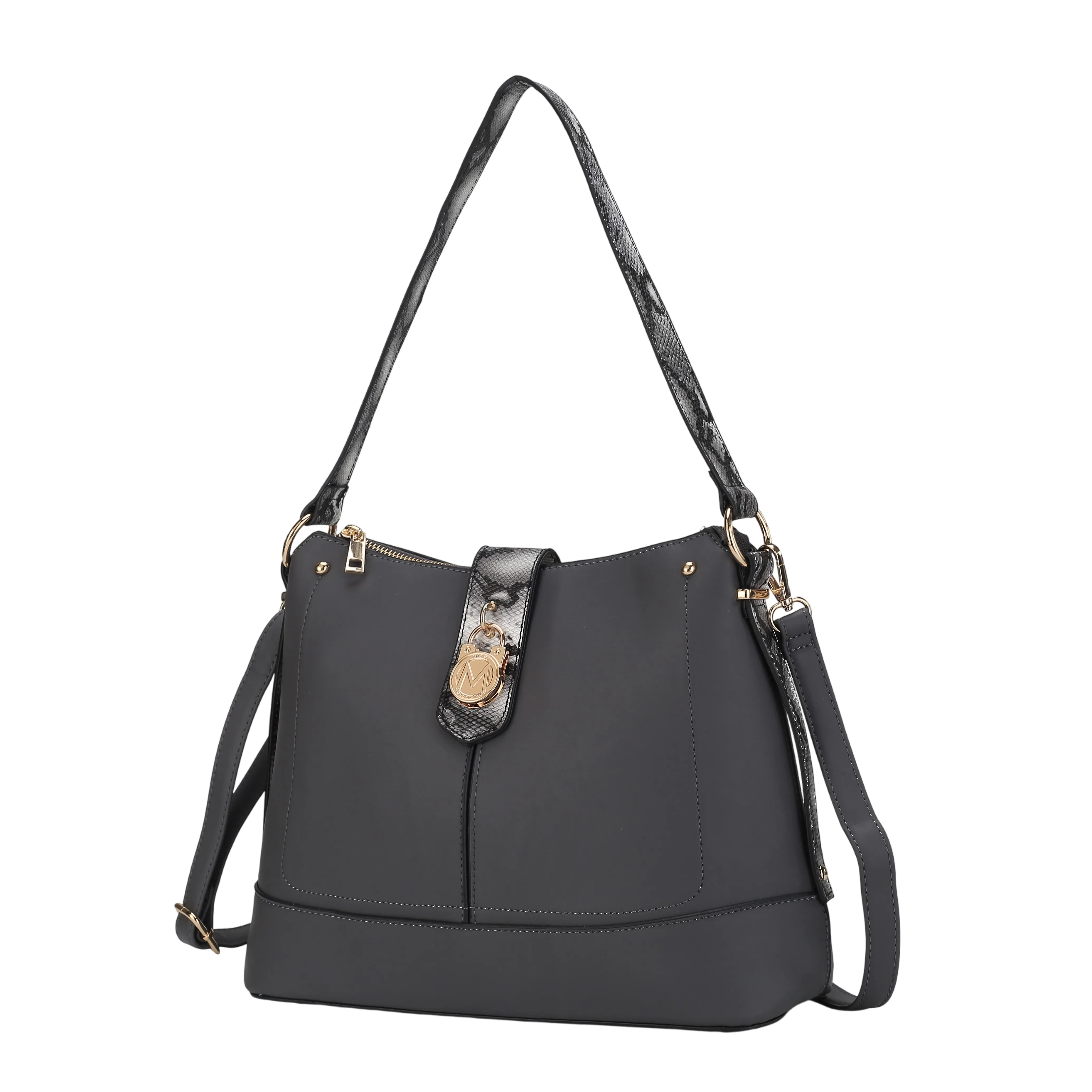 A stylish black handbag with gold-tone hardware, detachable strap, and a faux snakeskin shoulder strap. Features a decorative emblem on the front flap.