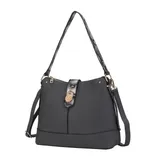 A stylish black handbag with gold-tone hardware, detachable strap, and a faux snakeskin shoulder strap. Features a decorative emblem on the front flap.