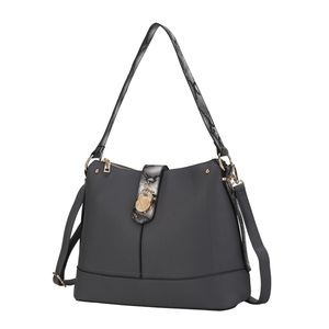 A stylish black handbag with gold-tone hardware, detachable strap, and a faux snakeskin shoulder strap. Features a decorative emblem on the front flap.