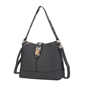 A stylish black handbag with gold-tone hardware, detachable strap, and a faux snakeskin shoulder strap. Features a decorative emblem on the front flap.