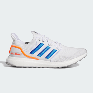 White running shoe with blue stripes and an orange accent, featuring a textured sole.