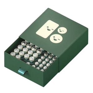 A green organizer case containing 46 batteries, neatly arranged. The box lid features playful battery icons with positive and negative symbols.