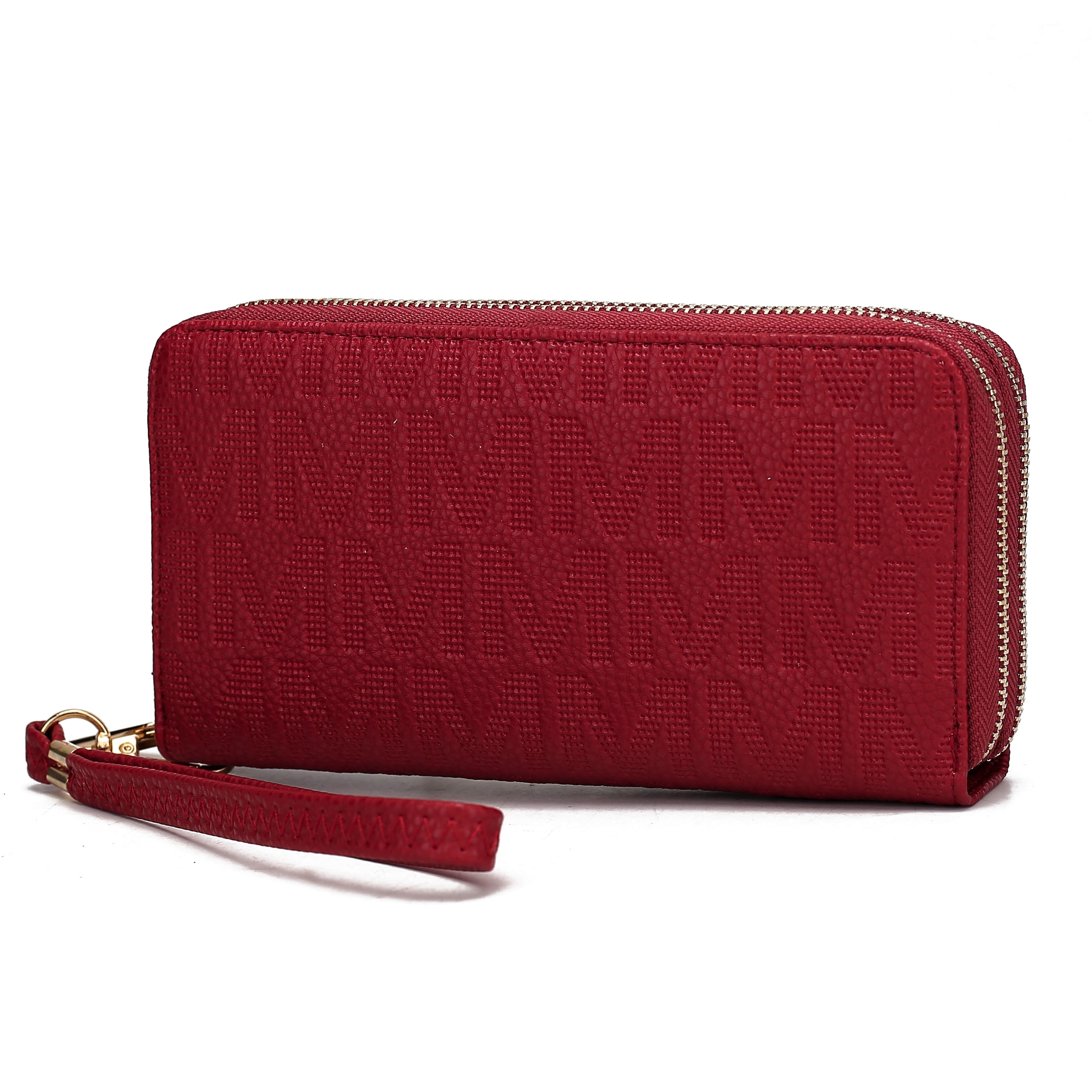 Red wallet with embossed \“M\“ pattern, featuring a zipper closure and wrist strap.