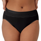 Black panties with lace detailing on the waistband, featuring a high-cut leg design.