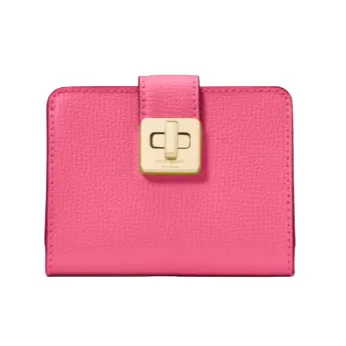 A pink leather wallet with a textured finish and gold-tone turn-lock closure.