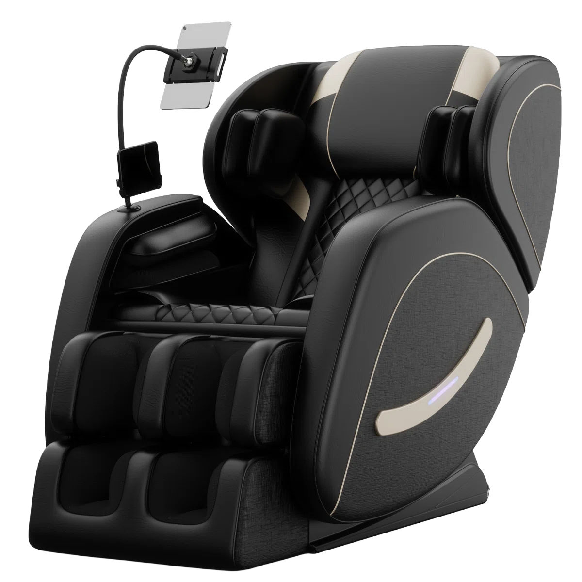 A black massage chair with quilted padding features adjustable leg and headrests, and has a flexible arm holding a tablet.