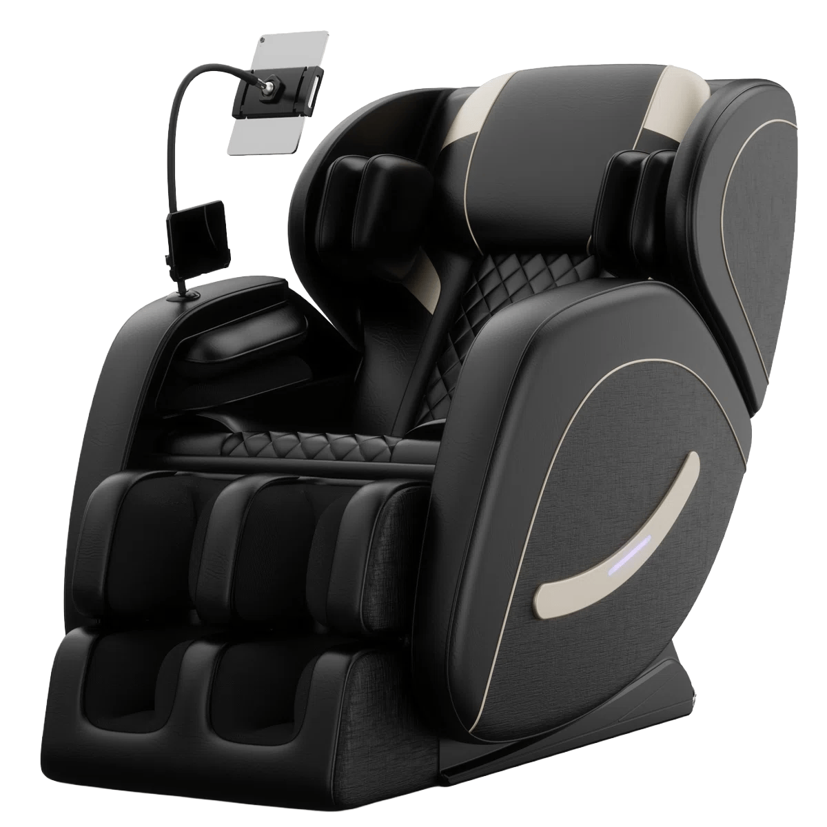 A black massage chair with quilted padding features adjustable leg and headrests, and has a flexible arm holding a tablet.