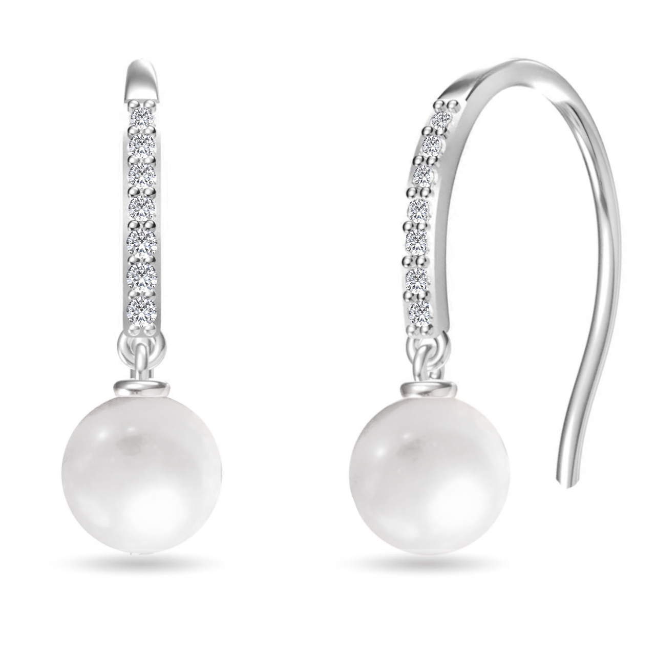 Silver drop earrings featuring round white pearls and a row of small, sparkling crystals on the hooks.