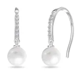 Silver drop earrings featuring round white pearls and a row of small, sparkling crystals on the hooks.