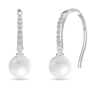 Silver drop earrings featuring round white pearls and a row of small, sparkling crystals on the hooks.
