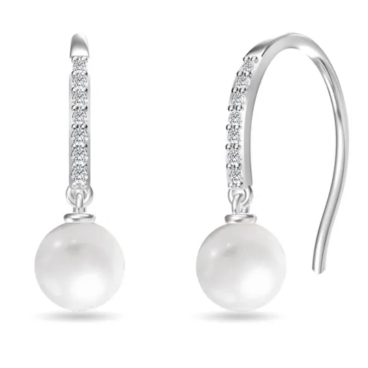 Silver drop earrings featuring round white pearls and a row of small, sparkling crystals on the hooks.