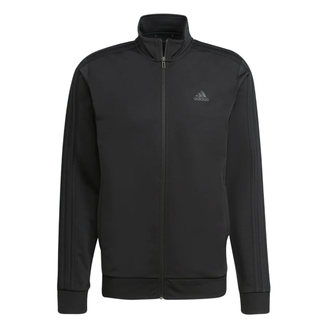 Black Adidas track jacket with the brand logo on the chest and signature three stripes along the sleeves.